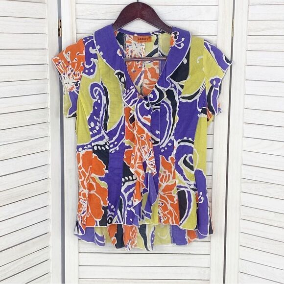Sequel Abstract Paisley Tie Neck Panel Button Front Shirt Purple Multi 8 - Picture 7 of 12